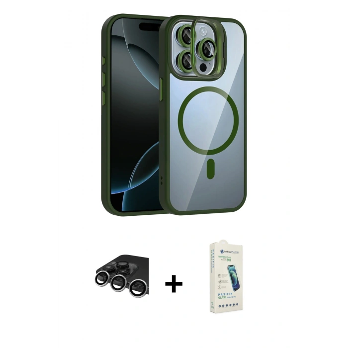 MARSİLYAN™- iPhone 14 Pro Max Kılıf Yadigar Asil Koleksiyonu - Şeffaf Pasifik Cam Ekran Koruyucu + Gümüş Raze Metal Kamera Lens