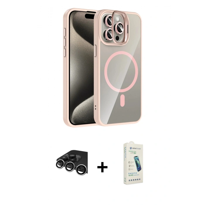 MARSİLYAN™- iPhone 14 Pro Max Kılıf Yadigar Asil Koleksiyonu - Şeffaf Pasifik Cam Ekran Koruyucu + Gümüş Raze Metal Kamera Lens