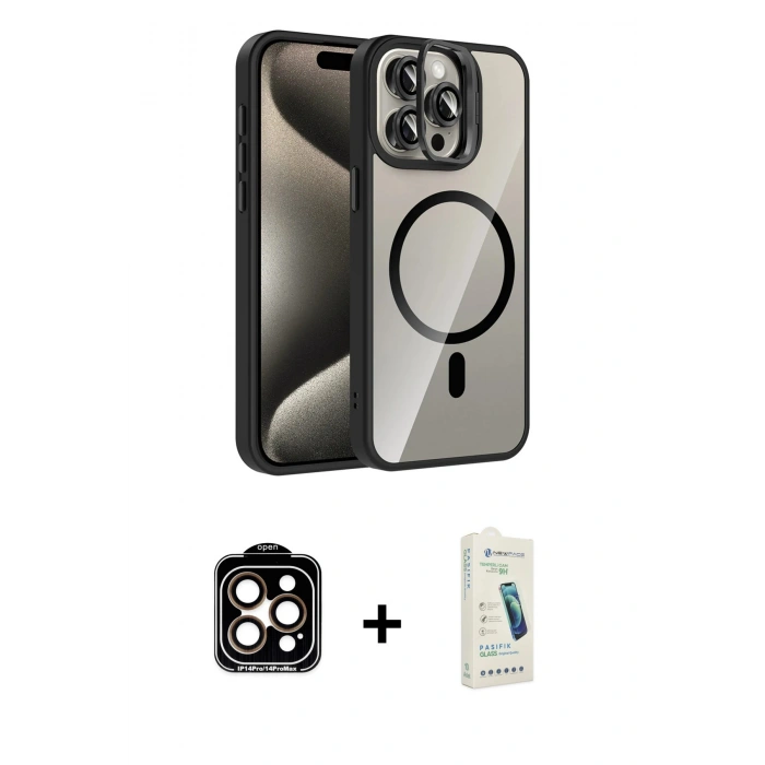 MARSİLYAN™- iPhone 14 Pro Max Kılıf Yadigar Asil Koleksiyonu - Şeffaf Pasifik Cam Ekran Koruyucu + PVD Metal Kamera Lens - TU