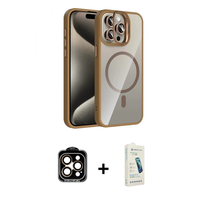 MARSİLYAN™- iPhone 14 Pro Max Kılıf Yadigar Asil Koleksiyonu - Şeffaf Pasifik Cam Ekran Koruyucu + PVD Metal Kamera Lens - TU