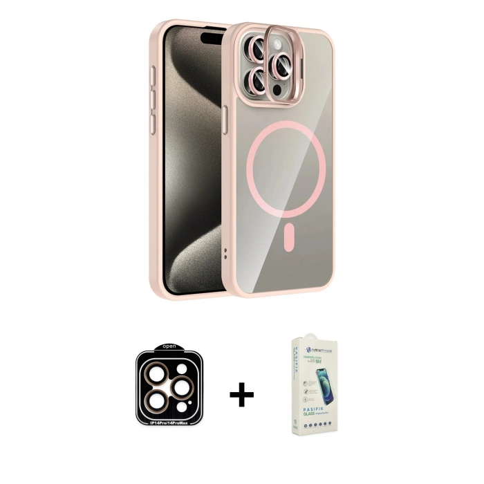MARSİLYAN™- iPhone 14 Pro Max Kılıf Yadigar Asil Koleksiyonu - Şeffaf Pasifik Cam Ekran Koruyucu + PVD Metal Kamera Lens - TU
