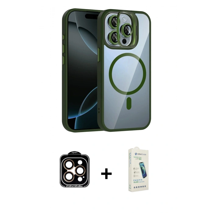 MARSİLYAN™- iPhone 14 Pro Max Kılıf Yadigar Asil Koleksiyonu - Şeffaf Pasifik Cam Ekran Koruyucu + PVD Metal Kamera Lens - TU
