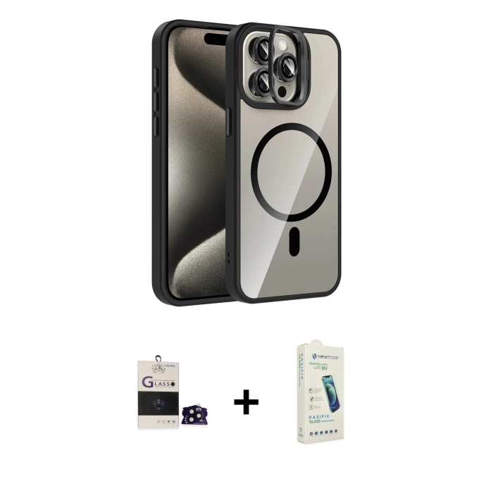 MARSİLYAN™- iPhone 14 Pro Max Kılıf Yadigar Asil Koleksiyonu - Şeffaf Pasifik Cam Ekran Koruyucu + Siyah Bilvis Titan Kamera Lens