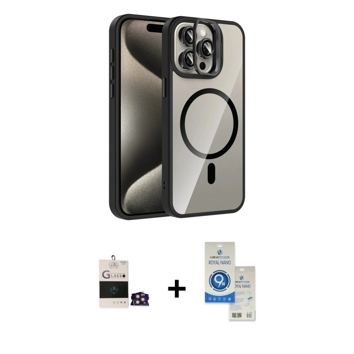MARSİLYAN™- iPhone 14 Pro Max Kılıf Yadigar Asil Koleksiyonu - Şeffaf Royal Nano Ekran Koruyucu + Bilvis Titan Kamera Lens - GD