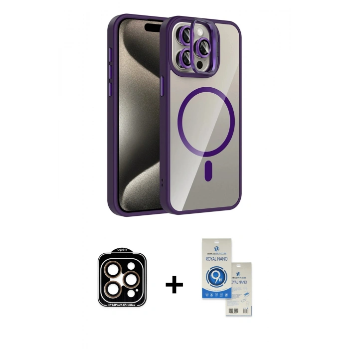 MARSİLYAN™- iPhone 14 Pro Max Kılıf Yadigar Asil Koleksiyonu - Şeffaf Royal Nano Ekran Koruyucu + PVD Metal Kamera Lens - TU