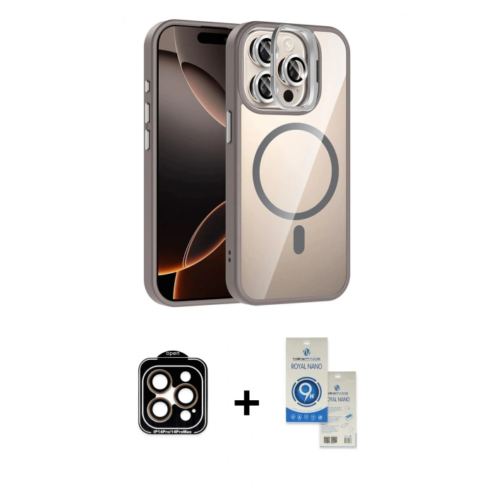 MARSİLYAN™- iPhone 14 Pro Max Kılıf Yadigar Asil Koleksiyonu - Şeffaf Royal Nano Ekran Koruyucu + PVD Metal Kamera Lens - TU