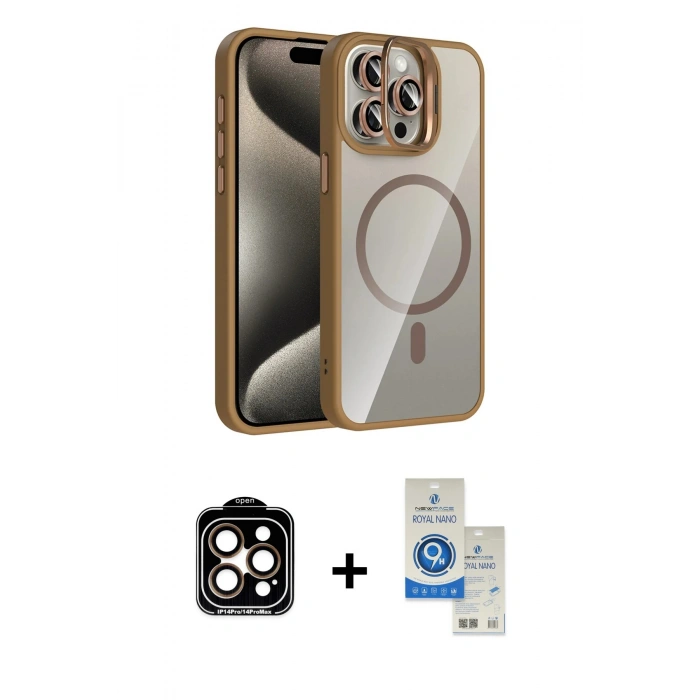 MARSİLYAN™- iPhone 14 Pro Max Kılıf Yadigar Asil Koleksiyonu - Şeffaf Royal Nano Ekran Koruyucu + PVD Metal Kamera Lens - TU