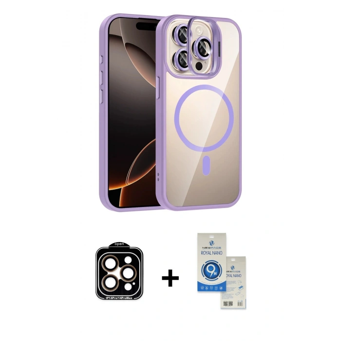 MARSİLYAN™- iPhone 14 Pro Max Kılıf Yadigar Asil Koleksiyonu - Şeffaf Royal Nano Ekran Koruyucu + PVD Metal Kamera Lens - TU