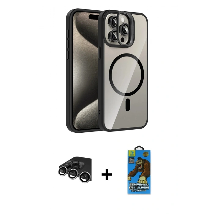 MARSİLYAN™- iPhone 14 Pro Max Kılıf Yadigar Asil Koleksiyonu - Siyah 18D Cam Ekran Koruyucu + Raze Metal Kamera Lens - GS