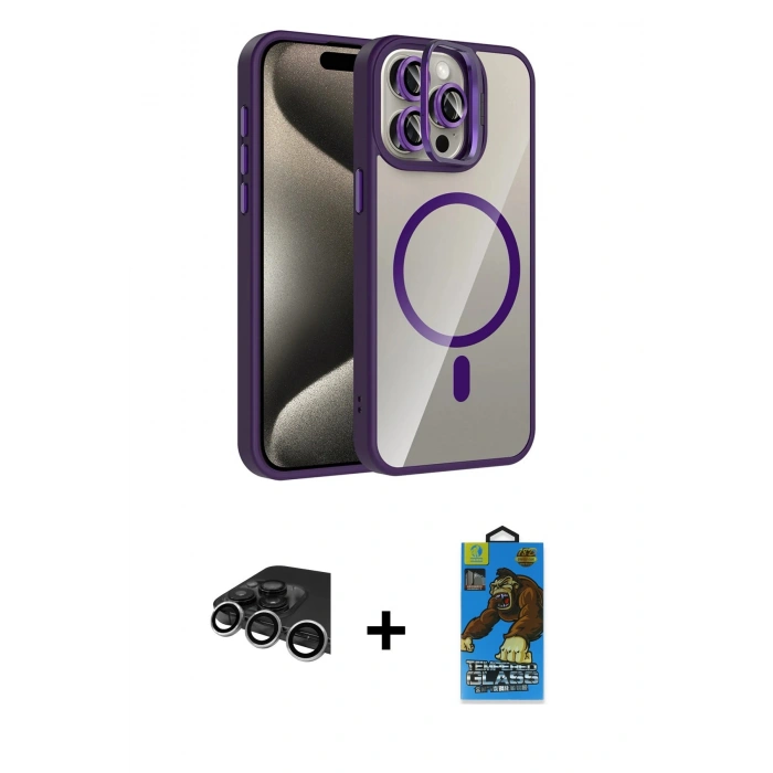 MARSİLYAN™- iPhone 14 Pro Max Kılıf Yadigar Asil Koleksiyonu - Siyah 18D Cam Ekran Koruyucu + Raze Metal Kamera Lens - GS