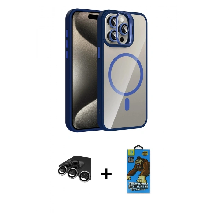 MARSİLYAN™- iPhone 14 Pro Max Kılıf Yadigar Asil Koleksiyonu - Siyah 18D Cam Ekran Koruyucu + Raze Metal Kamera Lens - GS