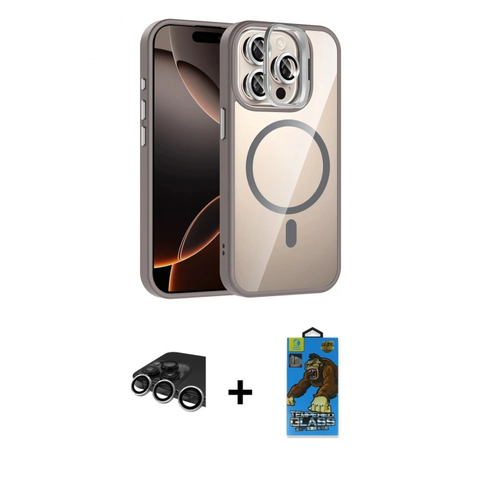 MARSİLYAN™- iPhone 14 Pro Max Kılıf Yadigar Asil Koleksiyonu - Siyah 18D Cam Ekran Koruyucu + Raze Metal Kamera Lens - GS