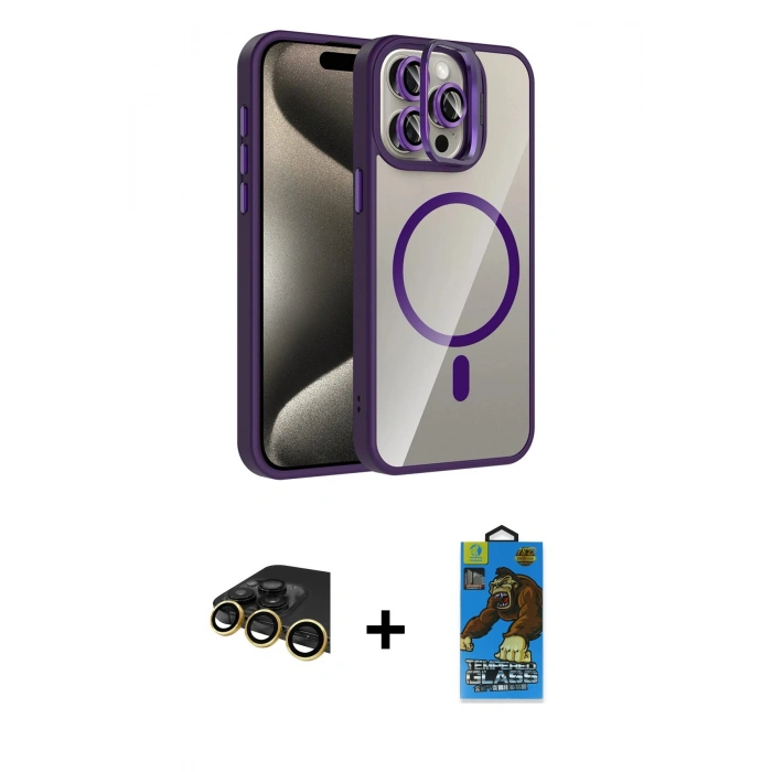 MARSİLYAN™- iPhone 14 Pro Max Kılıf Yadigar Asil Koleksiyonu - Siyah 18D Cam Ekran Koruyucu + Raze Metal Kamera Lens - GD