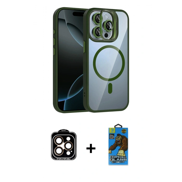 MARSİLYAN™- iPhone 14 Pro Max Kılıf Yadigar Asil Koleksiyonu - Siyah 18D Cam Ekran Koruyucu + PVD Metal Kamera Lens - TU
