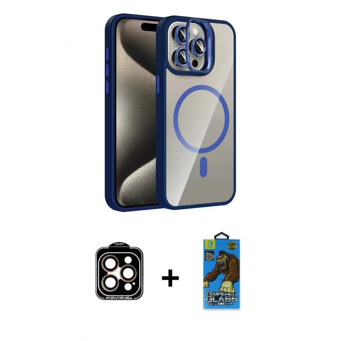 MARSİLYAN™- iPhone 14 Pro Max Kılıf Yadigar Asil Koleksiyonu - Siyah 18D Cam Ekran Koruyucu + PVD Metal Kamera Lens - TU