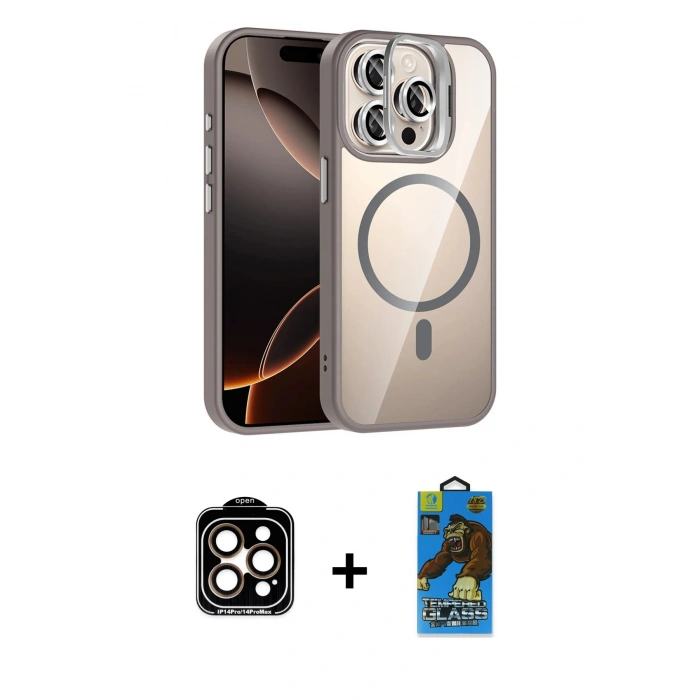 MARSİLYAN™- iPhone 14 Pro Max Kılıf Yadigar Asil Koleksiyonu - Siyah 18D Cam Ekran Koruyucu + PVD Metal Kamera Lens - TU