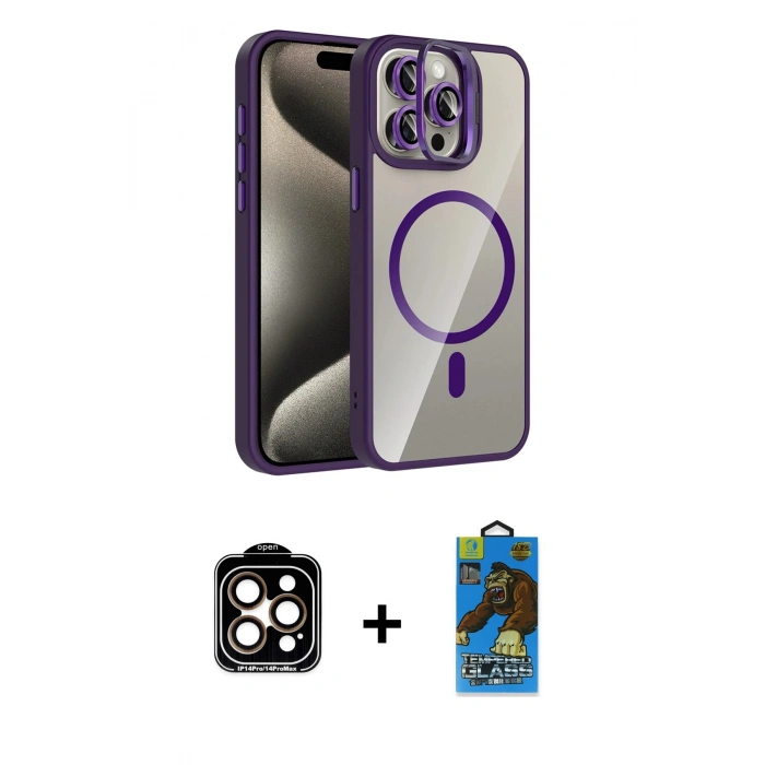 MARSİLYAN™- iPhone 14 Pro Max Kılıf Yadigar Asil Koleksiyonu - Siyah 18D Cam Ekran Koruyucu + PVD Metal Kamera Lens - TU