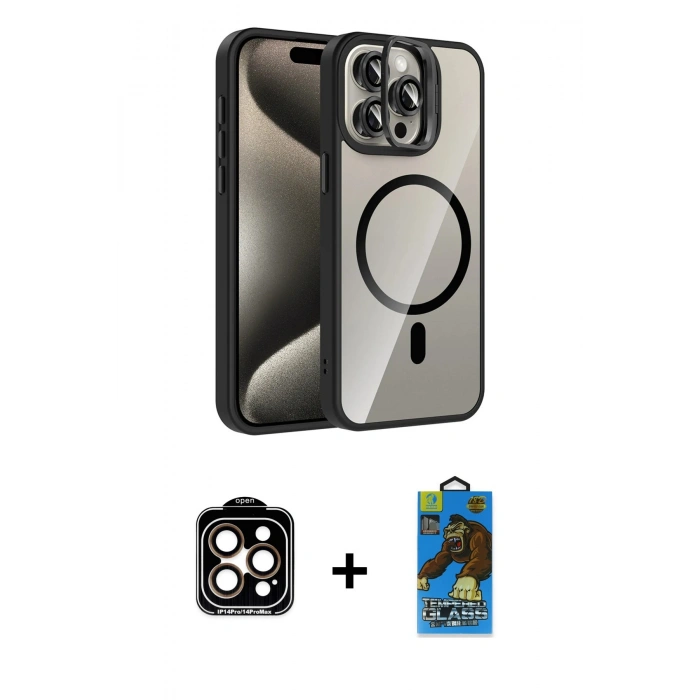 MARSİLYAN™- iPhone 14 Pro Max Kılıf Yadigar Asil Koleksiyonu - Siyah 18D Cam Ekran Koruyucu + PVD Metal Kamera Lens - TU