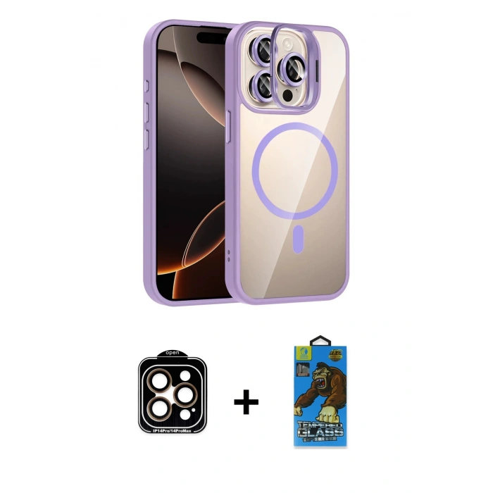 MARSİLYAN™- iPhone 14 Pro Max Kılıf Yadigar Asil Koleksiyonu - Siyah 18D Cam Ekran Koruyucu + PVD Metal Kamera Lens - TU