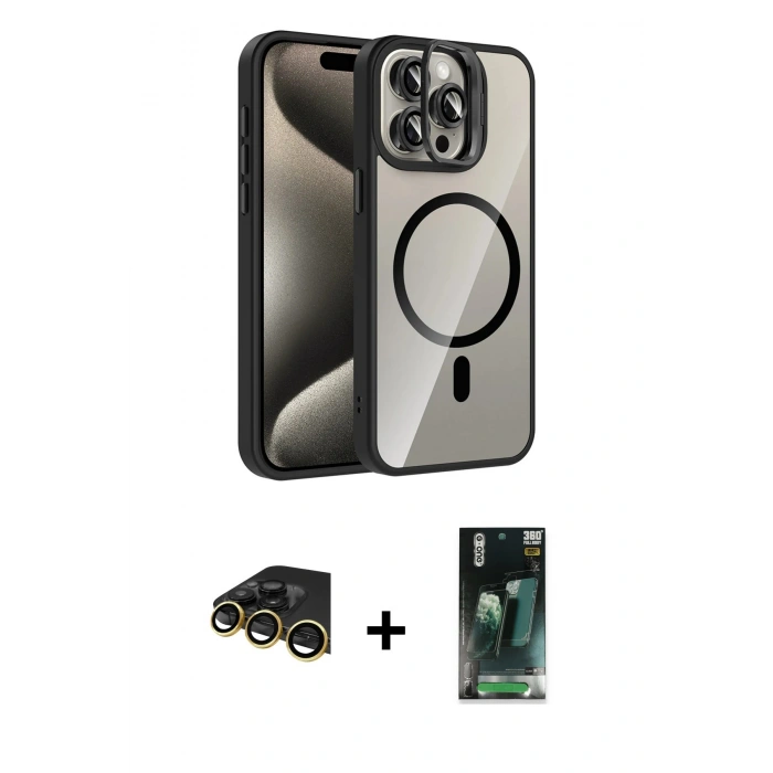 MARSİLYAN™- iPhone 14 Pro Max Kılıf Yadigar Asil Koleksiyonu - Siyah 360 Mat Full Body Arka Koruyucu + Raze Metal Kamera Lens - GD