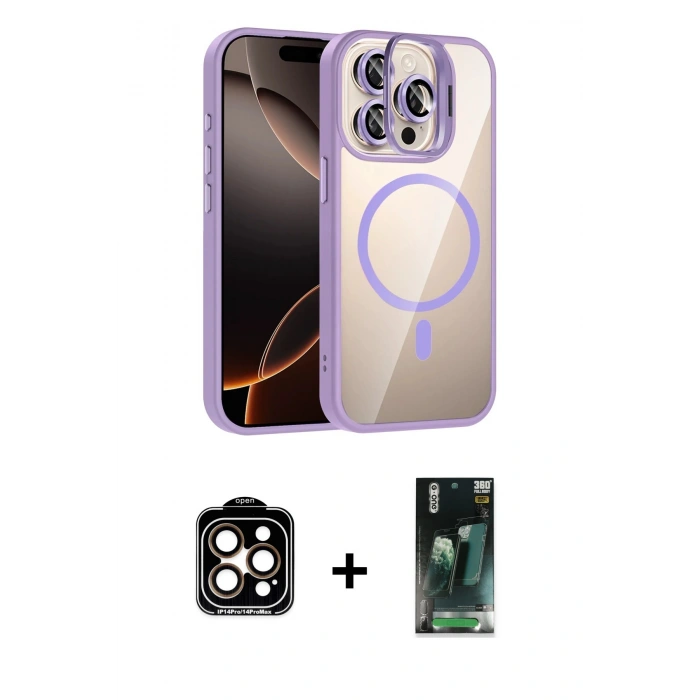 MARSİLYAN™- iPhone 14 Pro Max Kılıf Yadigar Asil Koleksiyonu - Siyah 360 Mat Full Body Arka Koruyucu + PVD Metal Kamera Lens - TU