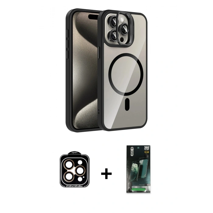 MARSİLYAN™- iPhone 14 Pro Max Kılıf Yadigar Asil Koleksiyonu - Siyah 360 Mat Full Body Arka Koruyucu + PVD Metal Kamera Lens - TU