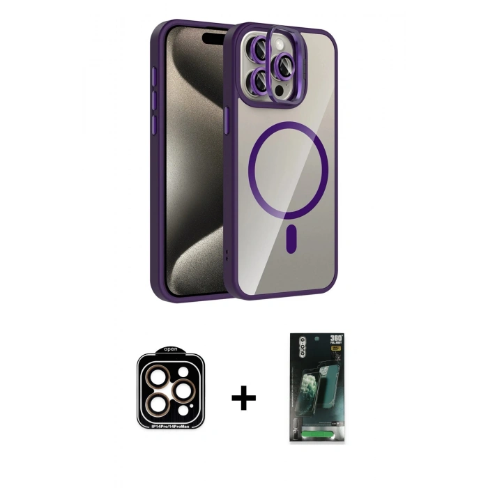 MARSİLYAN™- iPhone 14 Pro Max Kılıf Yadigar Asil Koleksiyonu - Siyah 360 Mat Full Body Arka Koruyucu + PVD Metal Kamera Lens - TU