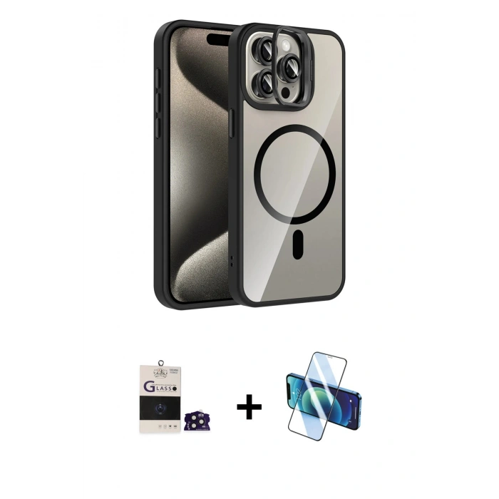 MARSİLYAN™- iPhone 14 Pro Max Kılıf Yadigar Asil Koleksiyonu - Siyah 3D Antistatik Cam Ekran Koruyucu + Bilvis Titan Kamera Lens - DNMR