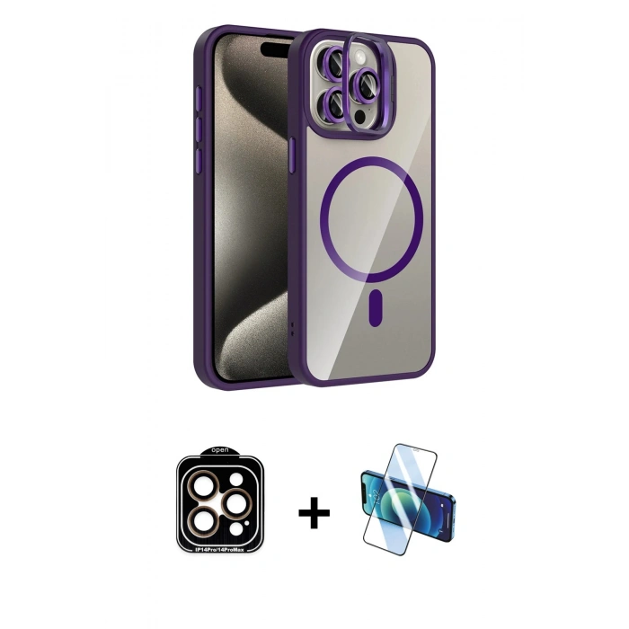 MARSİLYAN™- iPhone 14 Pro Max Kılıf Yadigar Asil Koleksiyonu - Siyah 3D Antistatik Cam Ekran Koruyucu + PVD Metal Kamera Lens - TU