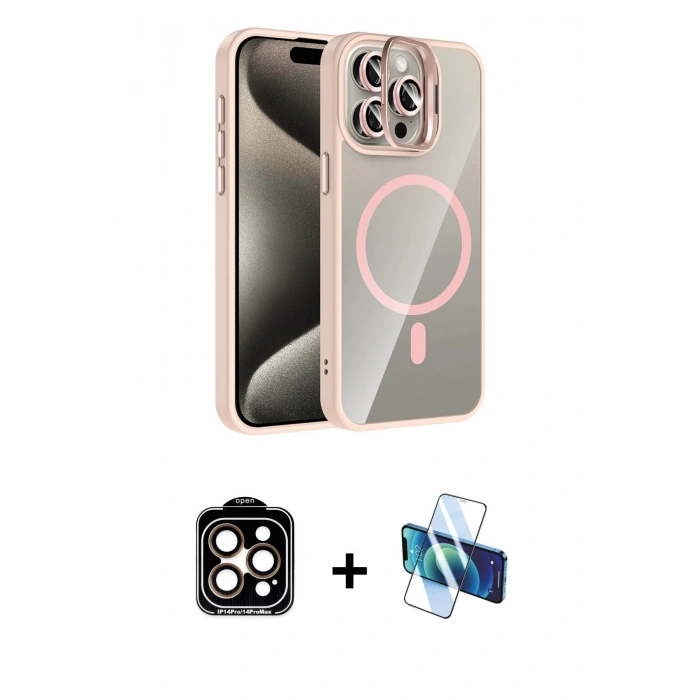 MARSİLYAN™- iPhone 14 Pro Max Kılıf Yadigar Asil Koleksiyonu - Siyah 3D Antistatik Cam Ekran Koruyucu + PVD Metal Kamera Lens - TU