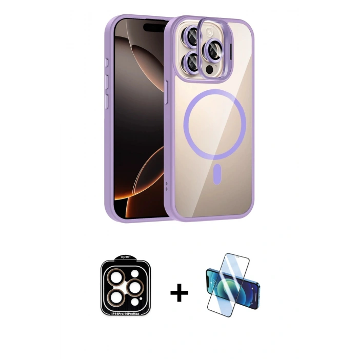 MARSİLYAN™- iPhone 14 Pro Max Kılıf Yadigar Asil Koleksiyonu - Siyah 3D Antistatik Cam Ekran Koruyucu + PVD Metal Kamera Lens - TU