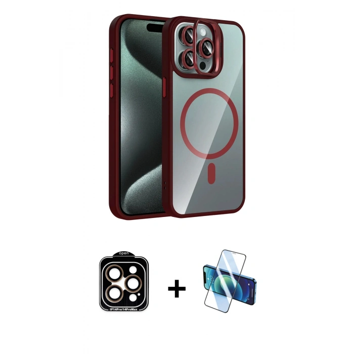 MARSİLYAN™- iPhone 14 Pro Max Kılıf Yadigar Asil Koleksiyonu - Siyah 3D Antistatik Cam Ekran Koruyucu + PVD Metal Kamera Lens - TU