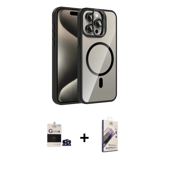 MARSİLYAN™- iPhone 14 Pro Max Kılıf Yadigar Asil Koleksiyonu - Siyah Bilvis 3D Mat Cam Ekran Koruyucu + Bilvis Titan Kamera Lens - DNMR