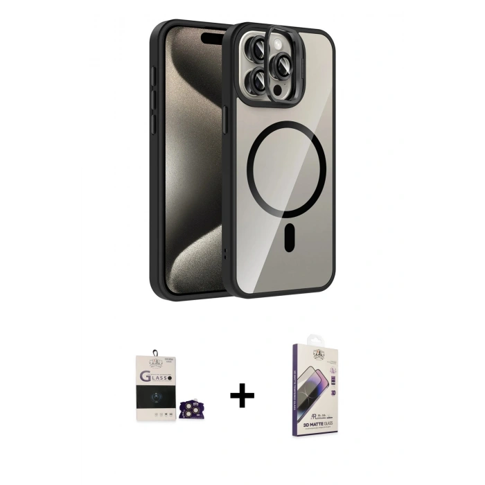 MARSİLYAN™- iPhone 14 Pro Max Kılıf Yadigar Asil Koleksiyonu - Siyah Bilvis 3D Mat Cam Ekran Koruyucu + Bilvis Titan Kamera Lens - GD