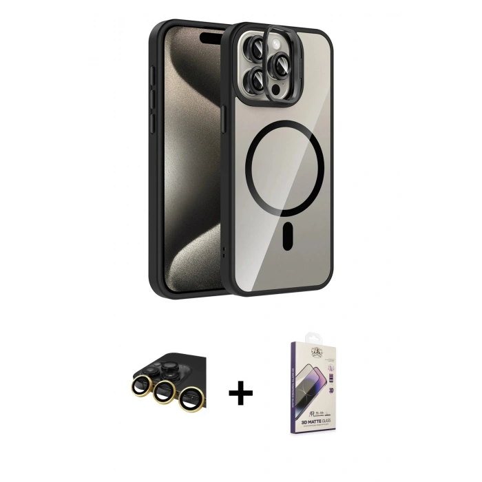 MARSİLYAN™- iPhone 14 Pro Max Kılıf Yadigar Asil Koleksiyonu - Siyah Bilvis 3D Mat Cam Ekran Koruyucu + Raze Metal Kamera Lens - GD
