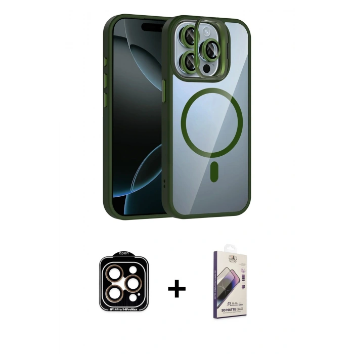 MARSİLYAN™- iPhone 14 Pro Max Kılıf Yadigar Asil Koleksiyonu - Siyah Bilvis 3D Mat Cam Ekran Koruyucu + PVD Metal Kamera Lens - TU