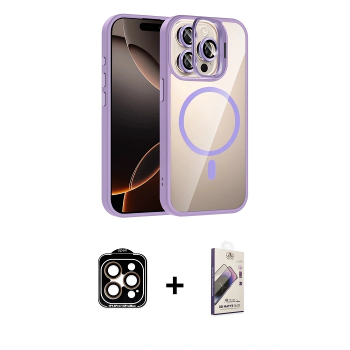 MARSİLYAN™- iPhone 14 Pro Max Kılıf Yadigar Asil Koleksiyonu - Siyah Bilvis 3D Mat Cam Ekran Koruyucu + PVD Metal Kamera Lens - TU
