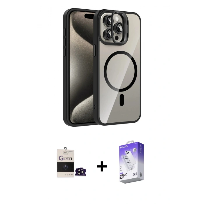 MARSİLYAN™- iPhone 14 Pro Max Kılıf Yadigar Asil Koleksiyonu - Siyah Bilvis 5in1 3D Magic Cam Ekran Koruyucu + Bilvis Titan Kamera Lens - SH
