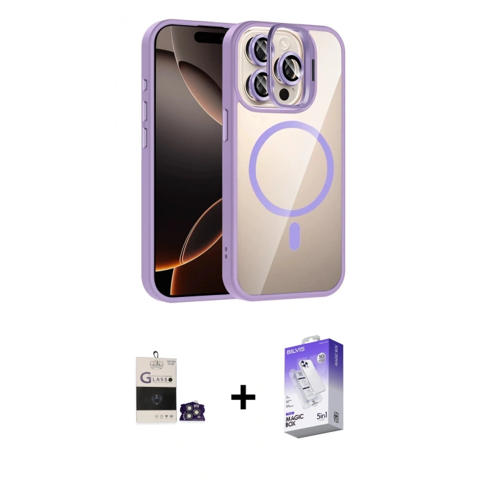 MARSİLYAN™- iPhone 14 Pro Max Kılıf Yadigar Asil Koleksiyonu - Siyah Bilvis 5in1 3D Magic Cam Ekran Koruyucu + Gümüş Bilvis Titan Kamera Lens