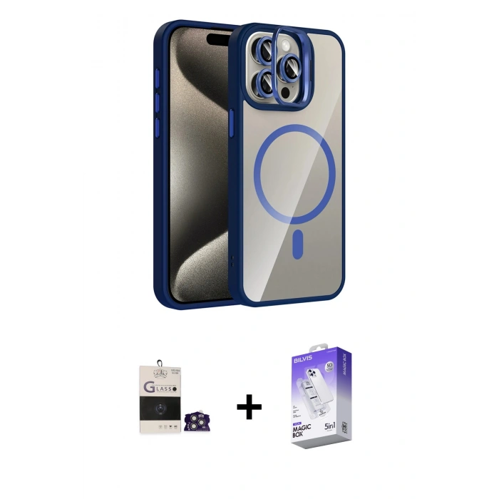 MARSİLYAN™- iPhone 14 Pro Max Kılıf Yadigar Asil Koleksiyonu - Siyah Bilvis 5in1 3D Magic Cam Ekran Koruyucu + Gümüş Bilvis Titan Kamera Lens
