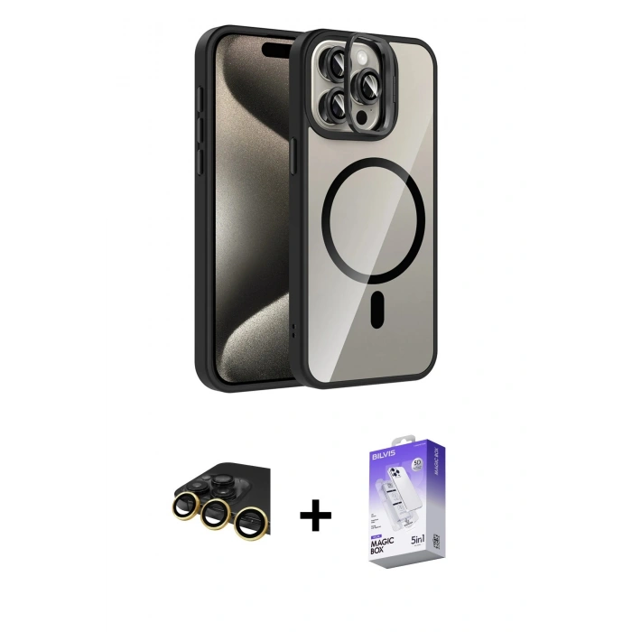 MARSİLYAN™- iPhone 14 Pro Max Kılıf Yadigar Asil Koleksiyonu - Siyah Bilvis 5in1 3D Magic Cam Ekran Koruyucu + Raze Metal Kamera Lens - GD