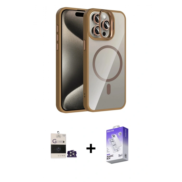 MARSİLYAN™- iPhone 14 Pro Max Kılıf Yadigar Asil Koleksiyonu - Siyah Bilvis 5in1 3D Magic Cam Ekran Koruyucu + Gümüş Bilvis Titan Kamera Lens