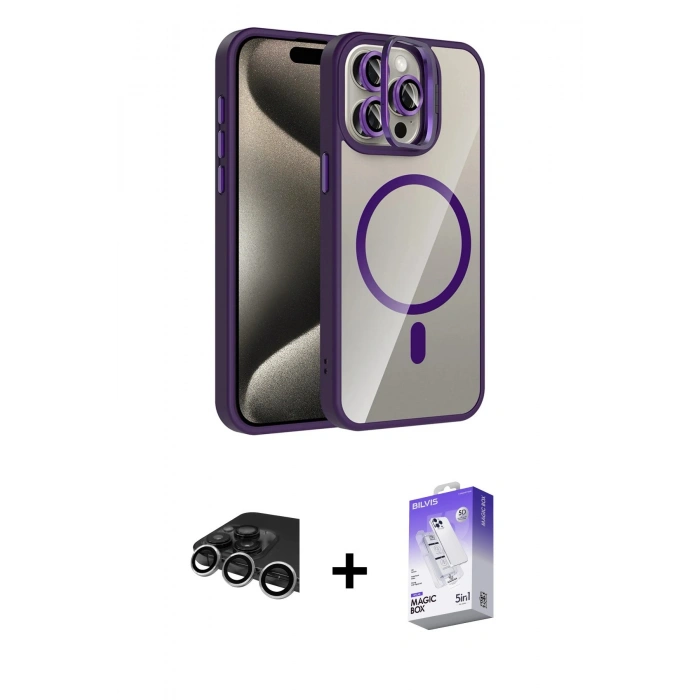 MARSİLYAN™- iPhone 14 Pro Max Kılıf Yadigar Asil Koleksiyonu - Siyah Bilvis 5in1 3D Magic Cam Ekran Koruyucu + Gümüş Raze Metal Kamera Lens
