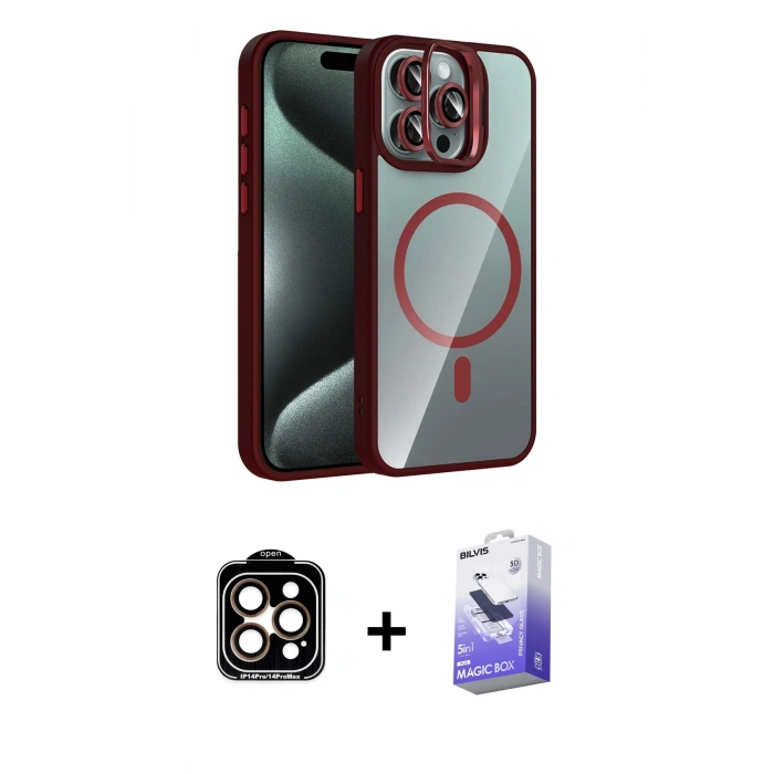 MARSİLYAN™- iPhone 14 Pro Max Kılıf Yadigar Asil Koleksiyonu - Siyah Bilvis 5in1 5D Magic Hayalet Cam Ekran Koruyucu + PVD Metal Kamera Lens - TU