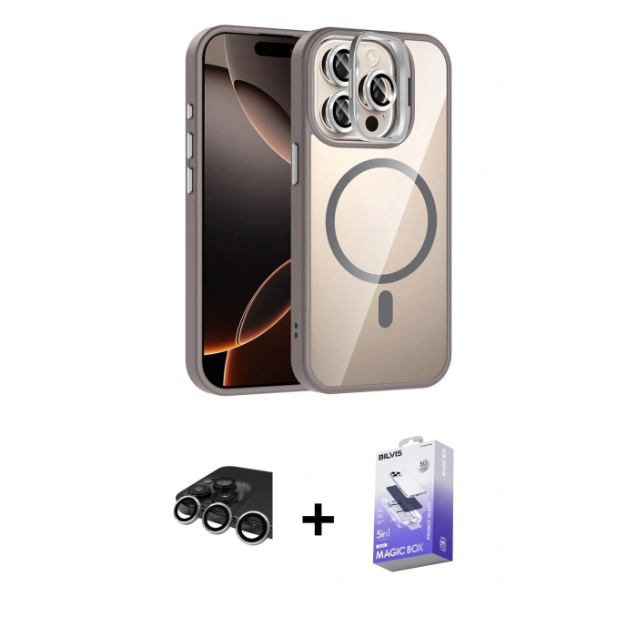 MARSİLYAN™- iPhone 14 Pro Max Kılıf Yadigar Asil Koleksiyonu - Siyah Bilvis 5in1 5D Magic Hayalet Cam Ekran Koruyucu + Gümüş Raze Metal Kamera Lens