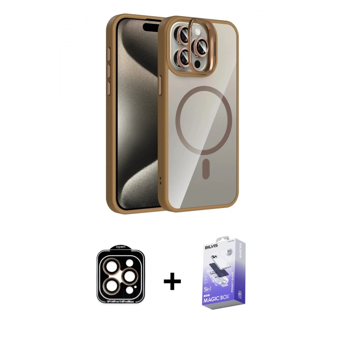 MARSİLYAN™- iPhone 14 Pro Max Kılıf Yadigar Asil Koleksiyonu - Siyah Bilvis 5in1 5D Magic Hayalet Cam Ekran Koruyucu + PVD Metal Kamera Lens - TU