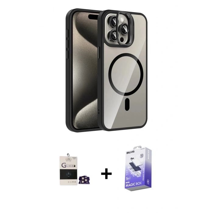 MARSİLYAN™- iPhone 14 Pro Max Kılıf Yadigar Asil Koleksiyonu - Siyah Bilvis 5in1 5D Magic Hayalet Cam Ekran Koruyucu + Bilvis Titan Kamera Lens - GD