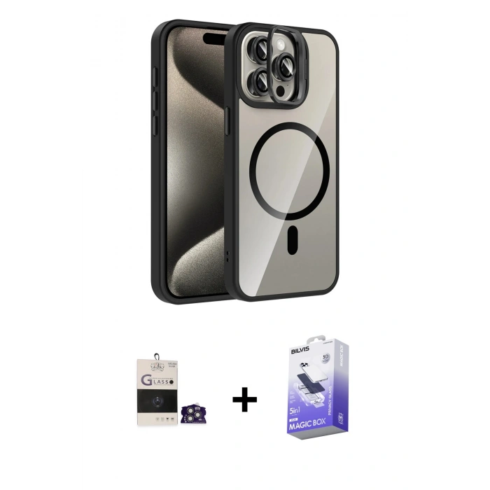 MARSİLYAN™- iPhone 14 Pro Max Kılıf Yadigar Asil Koleksiyonu - Siyah Bilvis 5in1 5D Magic Hayalet Cam Ekran Koruyucu + Bilvis Titan Kamera Lens - GS