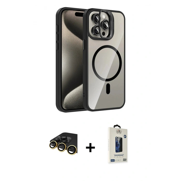 MARSİLYAN™- iPhone 14 Pro Max Kılıf Yadigar Asil Koleksiyonu - Siyah Bilvis Hayalet Cam Ekran Koruyucu + Raze Metal Kamera Lens - GD