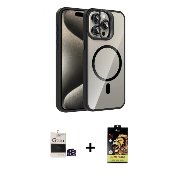 MARSİLYAN™- iPhone 14 Pro Max Kılıf Yadigar Asil Koleksiyonu - Siyah Buffer Cam Ekran Koruyucu + Bilvis Titan Kamera Lens - SH
